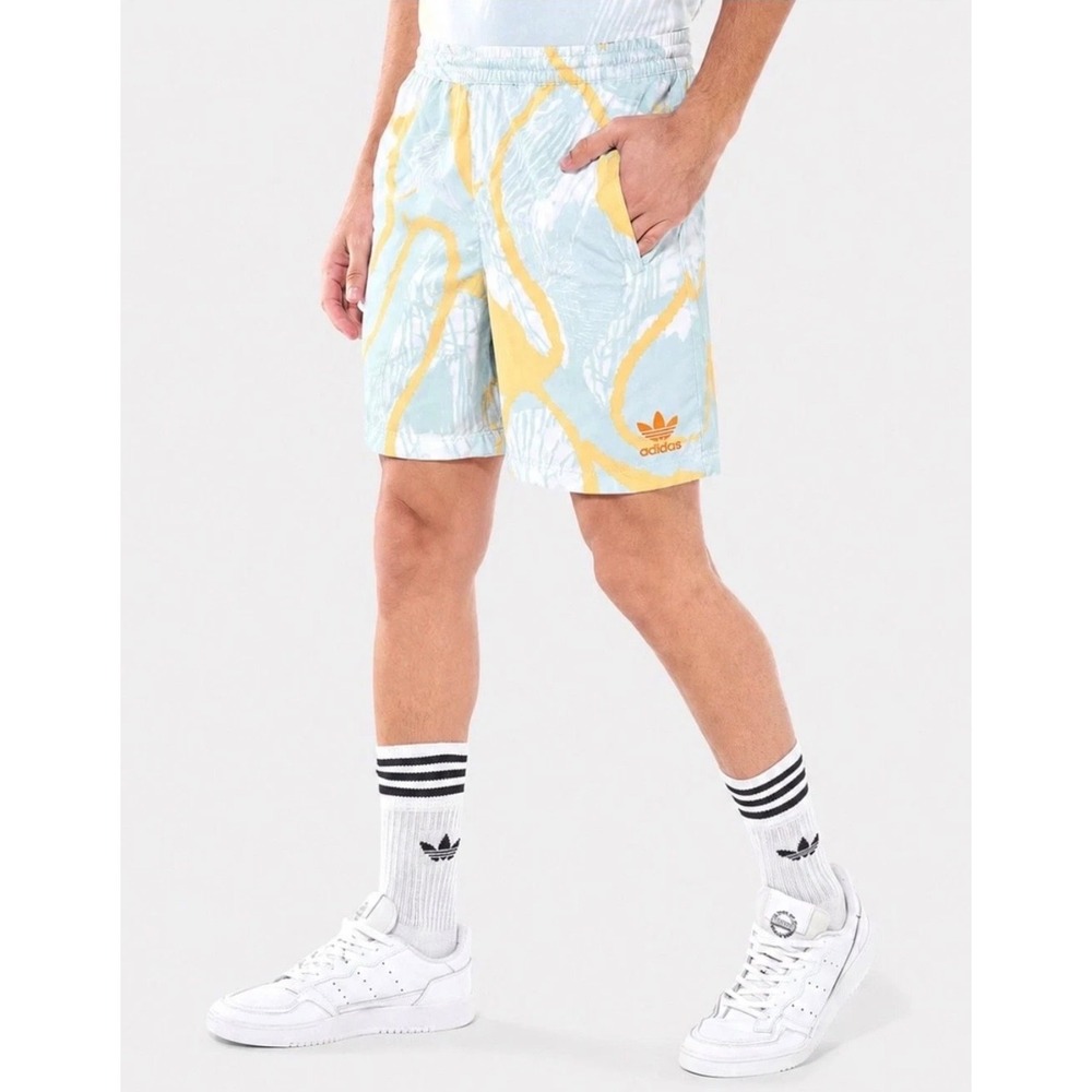 Adidas Originals Mens Swim Shorts Blue Yellow Abstract Graphic Trefoil Small